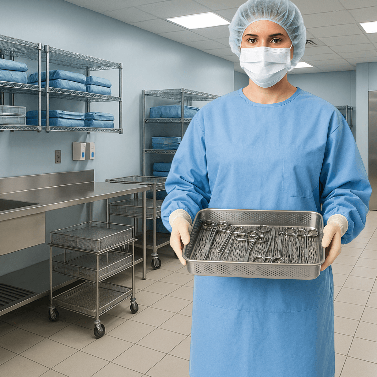 Sterile processing technician with instrument tray